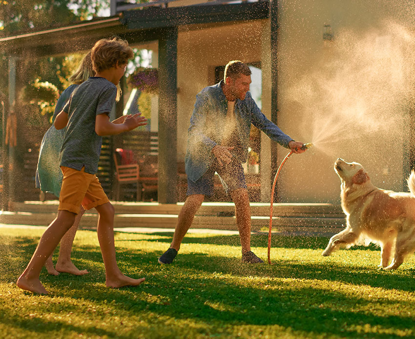Family playing outside with dog on the lawn