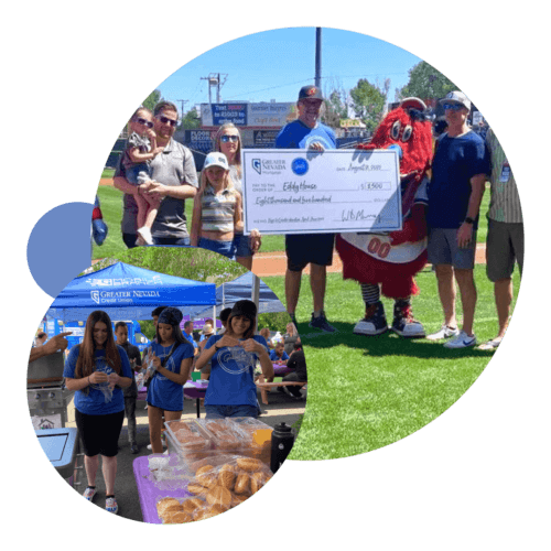 Circle 1 featuring Eddy House clients at a BBQ; Circle 2 featuring check presentation at Greater Nevada Field