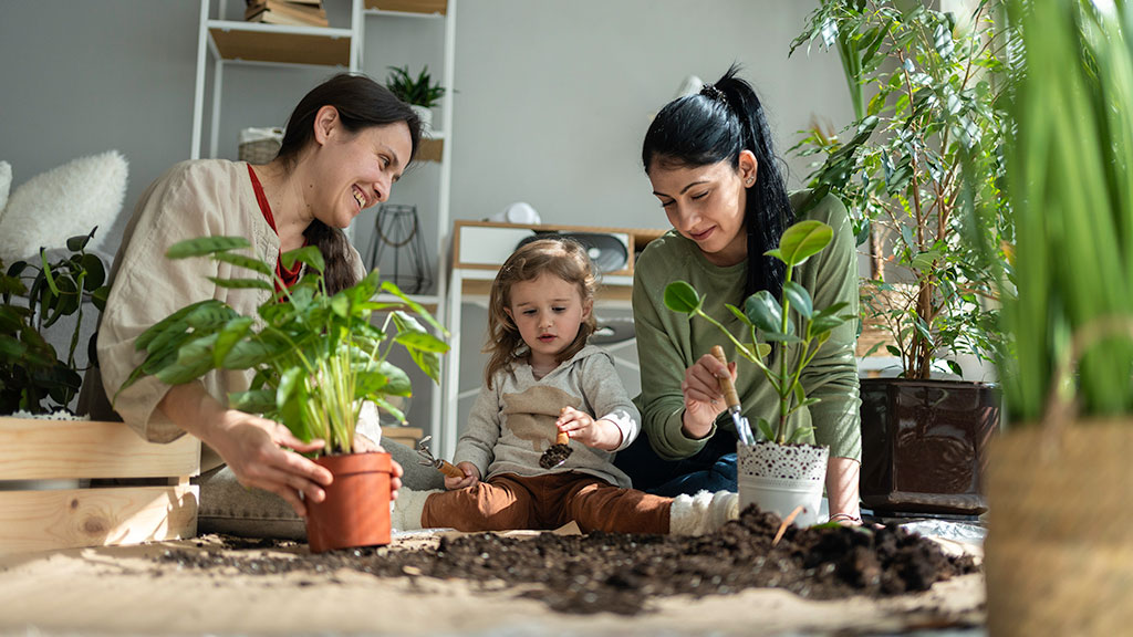 Family doing indoor gardening together